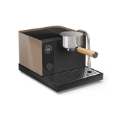 Matte black and bronze espresso machine with wooden handle and digital display panel.