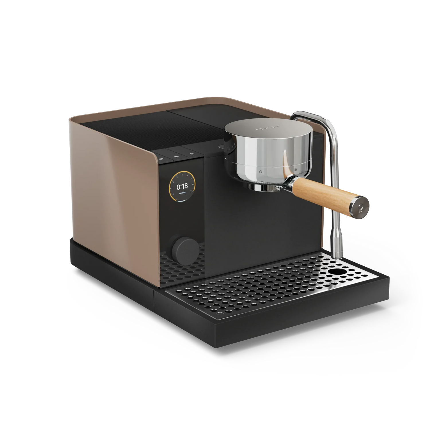 Matte black and bronze espresso machine with wooden handle and digital display panel.