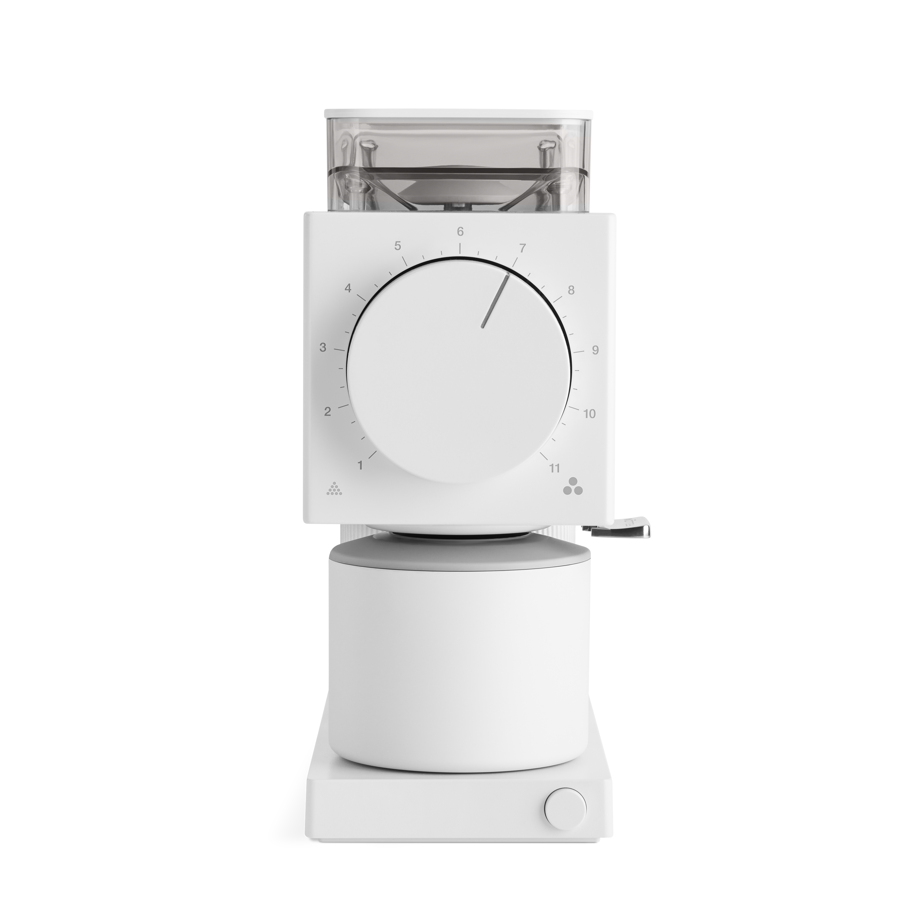 Matte white coffee grinder with large central dial, clear bean hopper, and cylindrical catch container.