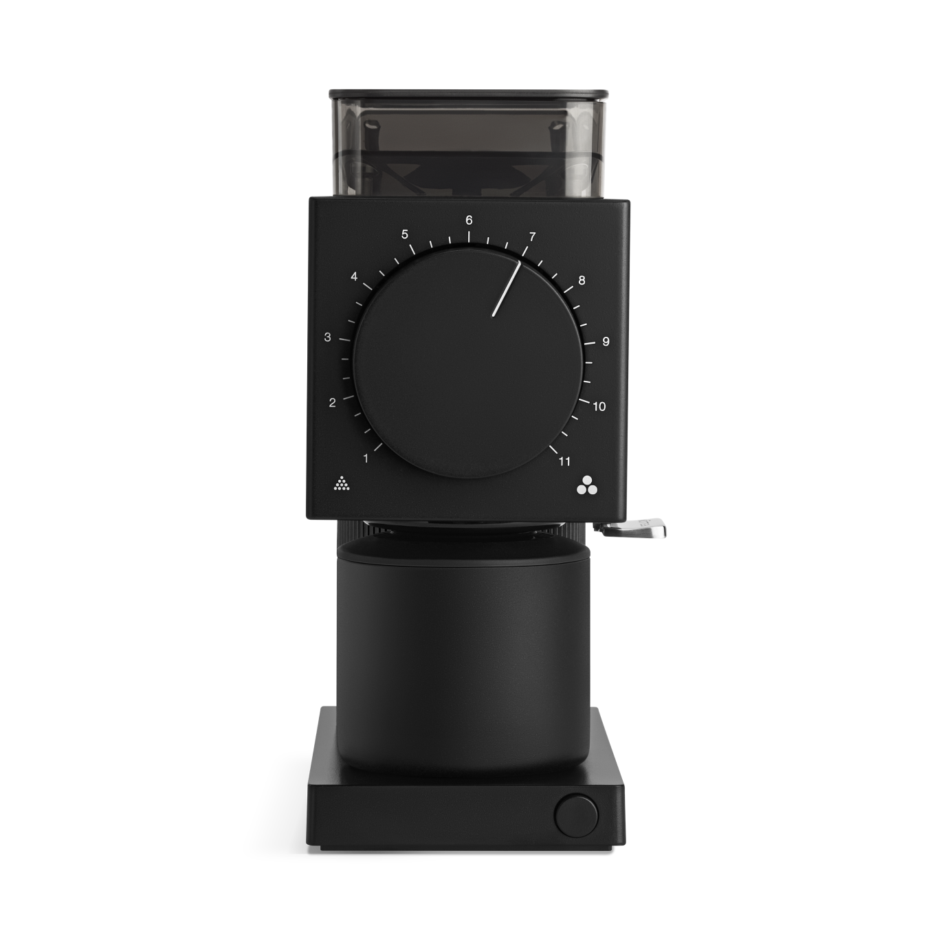 Black rectangular coffee grinder with large central dial and clear bean hopper on top.