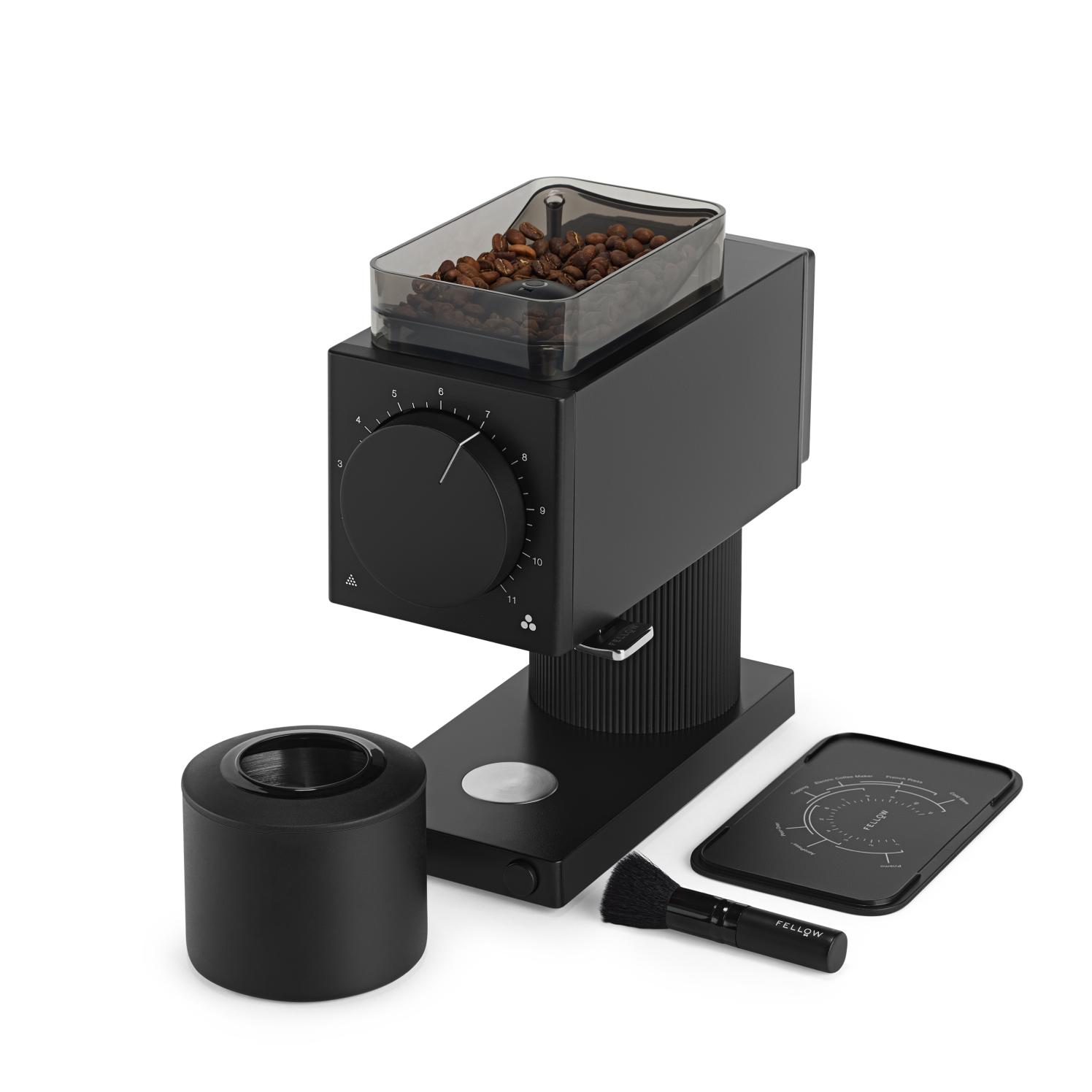 Matte black electric coffee grinder with clear bean hopper, large front dial, and detachable grounds container.