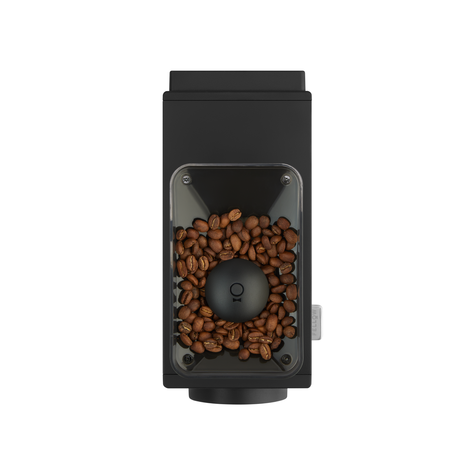 Matte black rectangular coffee grinder with transparent bean hopper filled with brown coffee beans and a silver side button.
