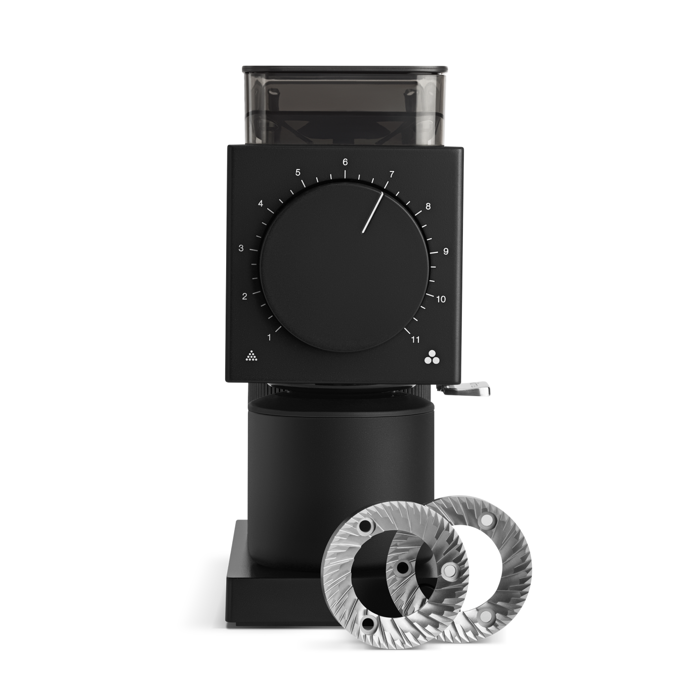 Matte black electric coffee grinder with large numbered dial and two silver grinding burrs displayed in front.