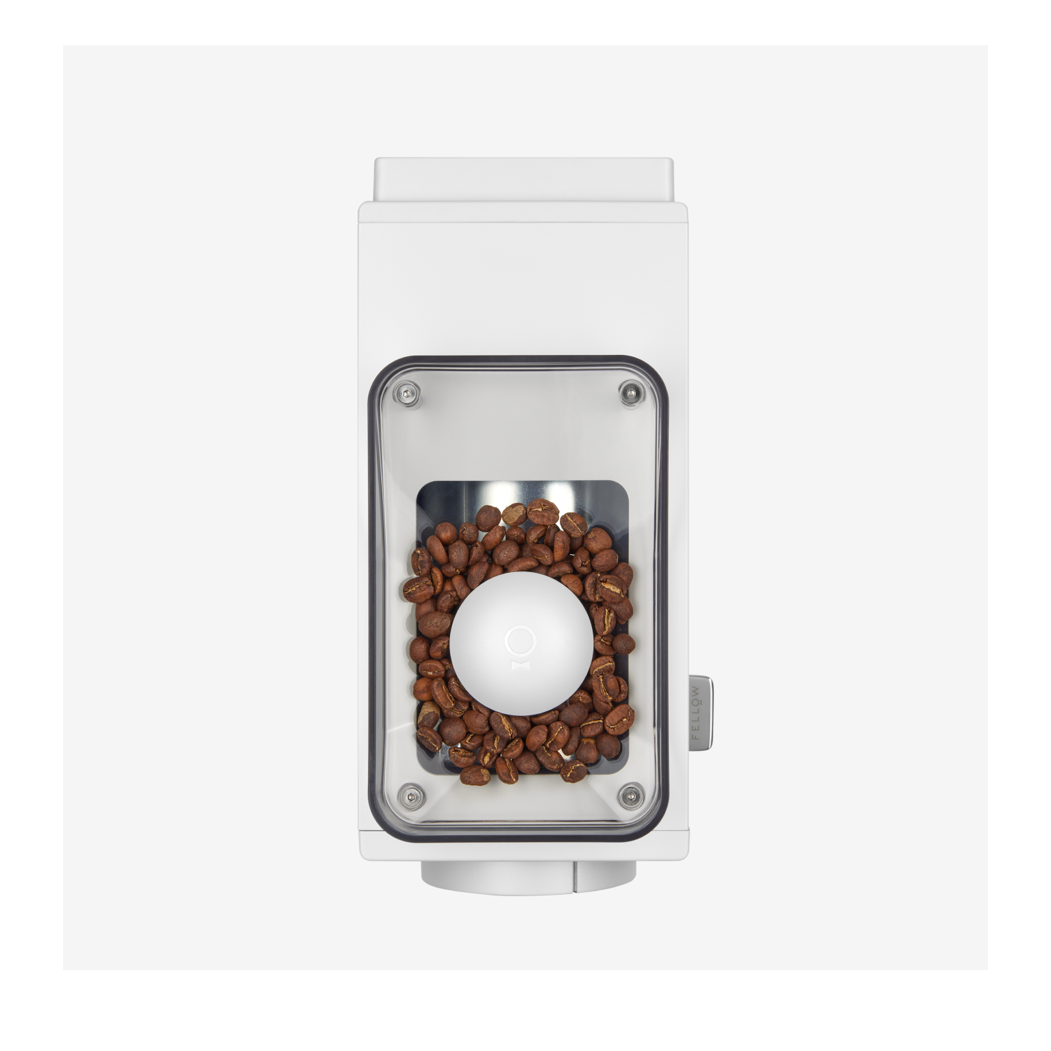 White rectangular coffee grinder with transparent hopper containing brown coffee beans on top view.