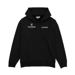 Black pullover hoodie with front kangaroo pocket, Sur Coffee and Tenore logos on chest, ribbed cuffs and hem.