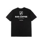 Black short-sleeve tee with white Sur Coffee logo and "Roasters Tenore" text on the back.