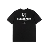 Black short-sleeve tee with white Sur Coffee logo and "Roasters Tenore" text on the back.