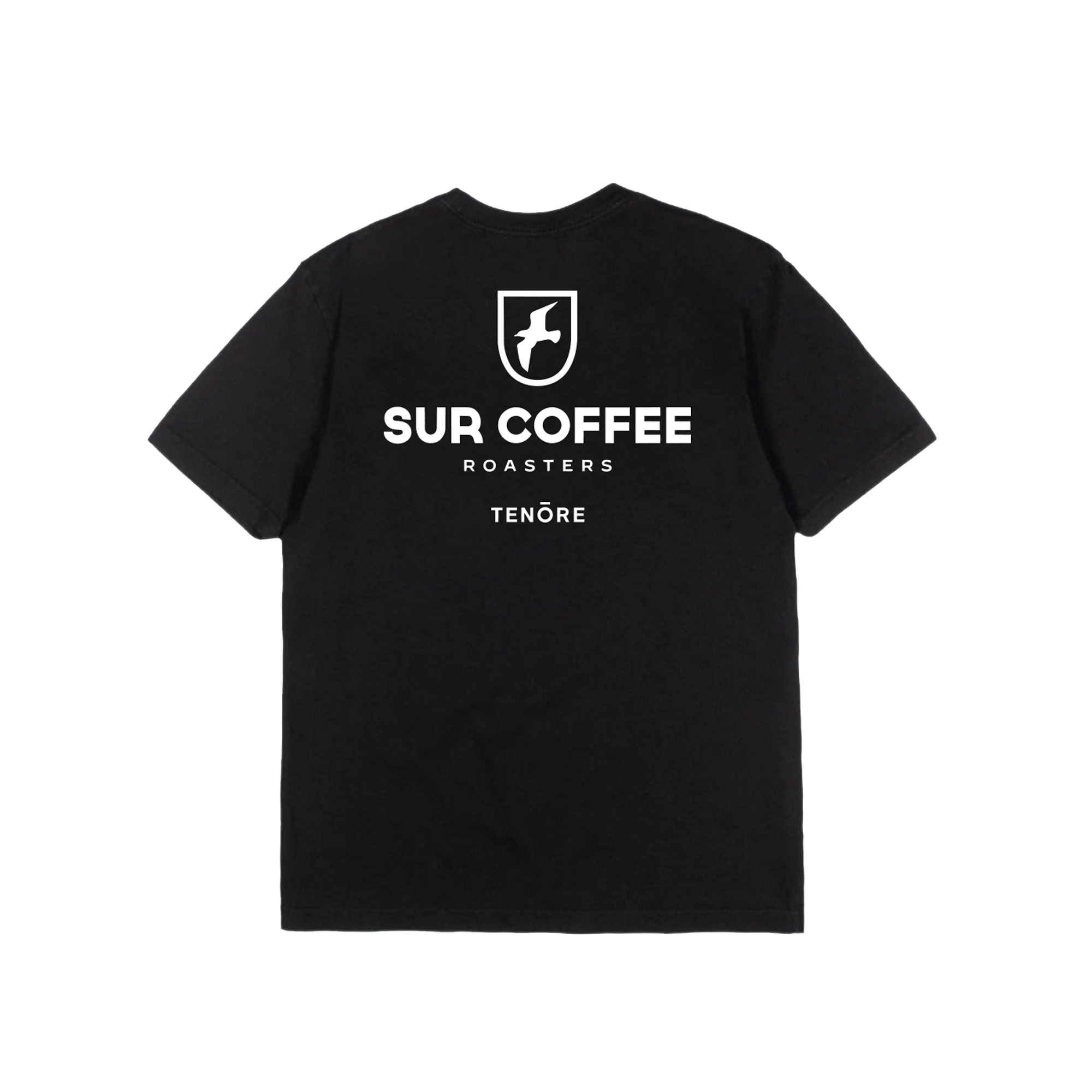 Black short-sleeve tee with white Sur Coffee logo and "Roasters Tenore" text on the back.