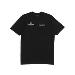 Black t-shirt with white text and logos on a white background