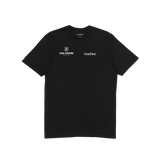 Black t-shirt with white text and logos on a white background
