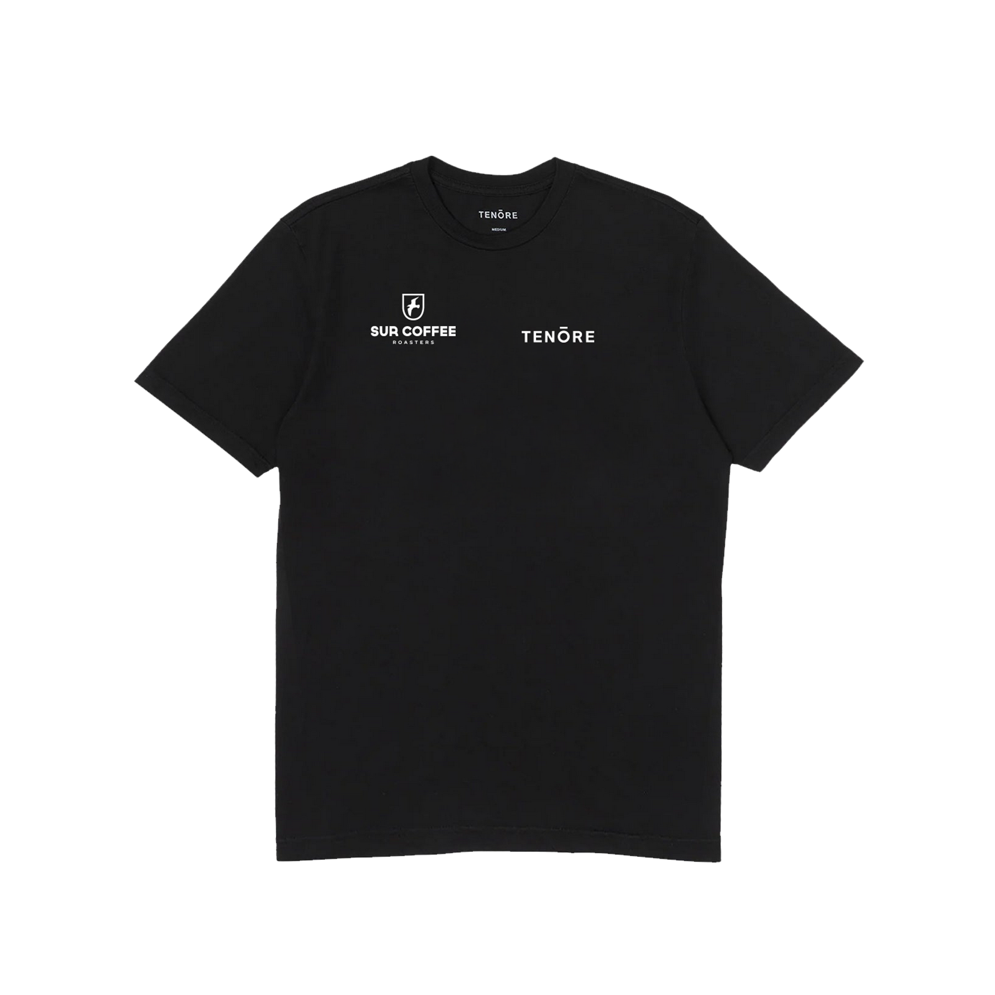 Black t-shirt with white text and logos on a white background