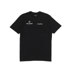 Black t-shirt with white text and logos on a white background