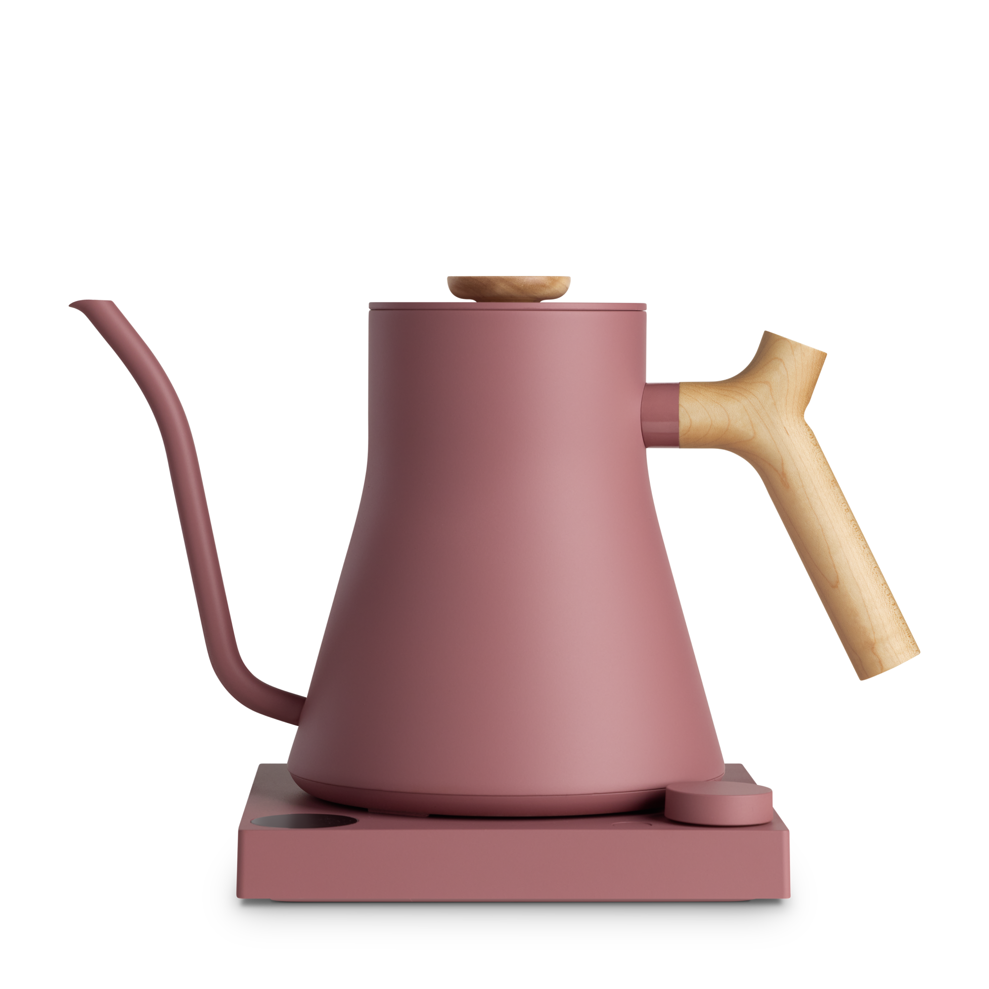 Matte pink electric kettle with wooden handle and lid knob, gooseneck spout, and square base.