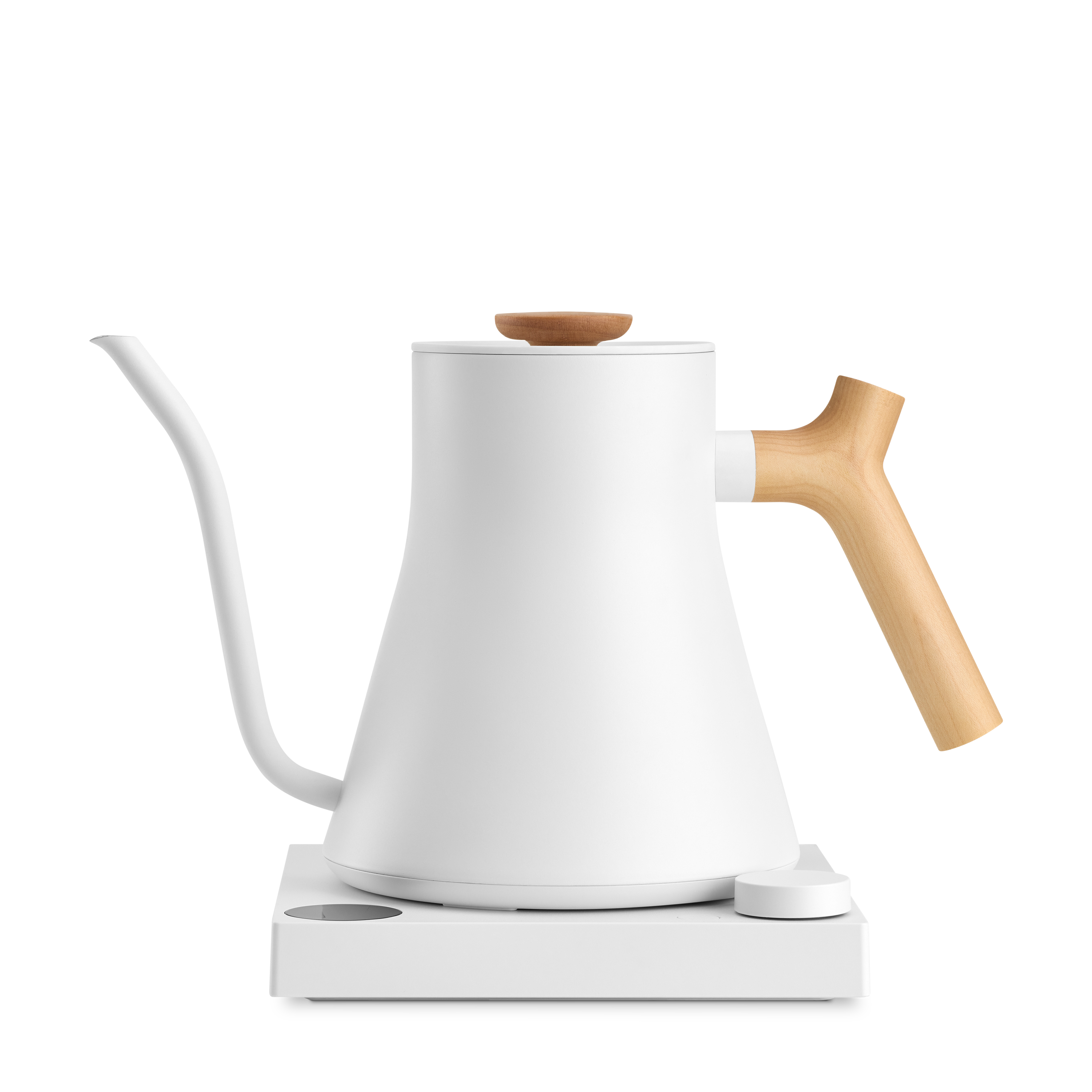 White matte electric kettle with long curved spout and natural wood handle and lid knob on a white base.