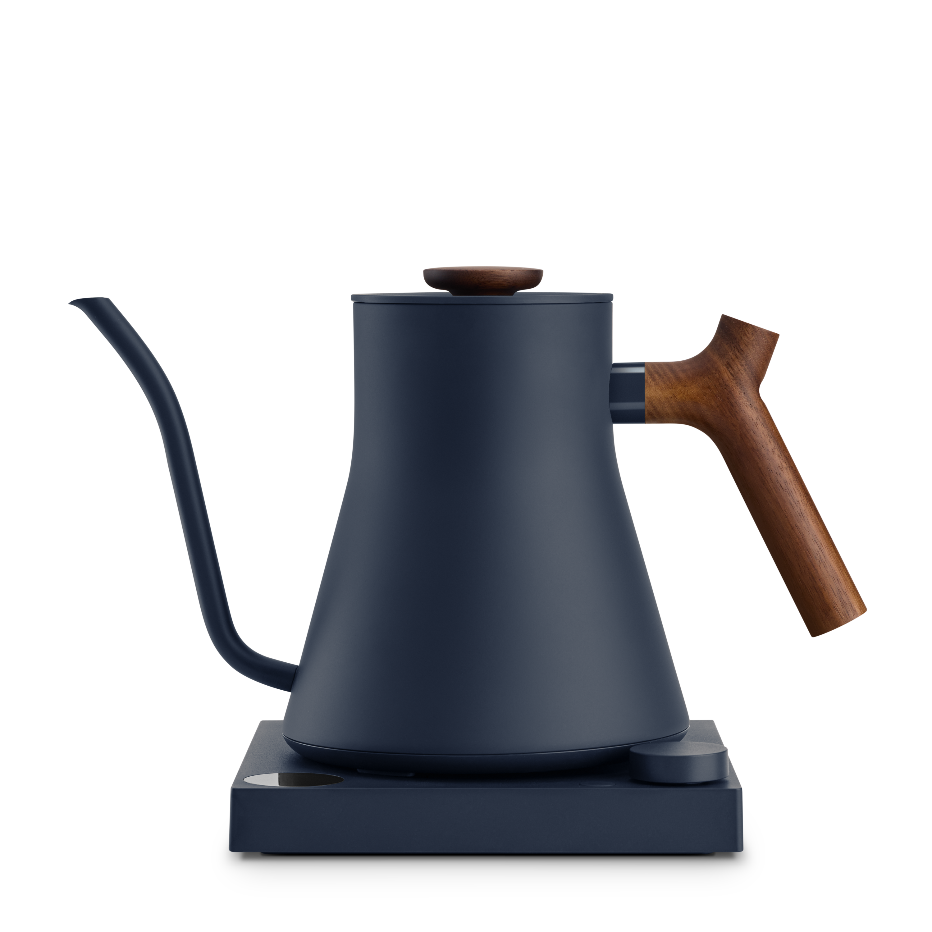 Matte navy blue electric kettle with a slim gooseneck spout, wooden handle and lid knob on black base.