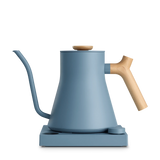 Matte blue electric kettle with wooden handle and lid knob, gooseneck spout, on matching blue base.