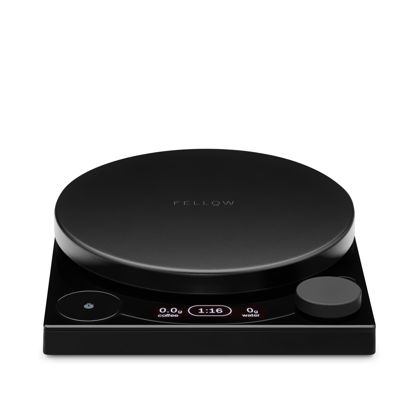 Black circular precision scale with digital display and control knob on a square base.