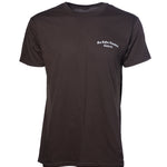 Black t-shirt with white text on a white background