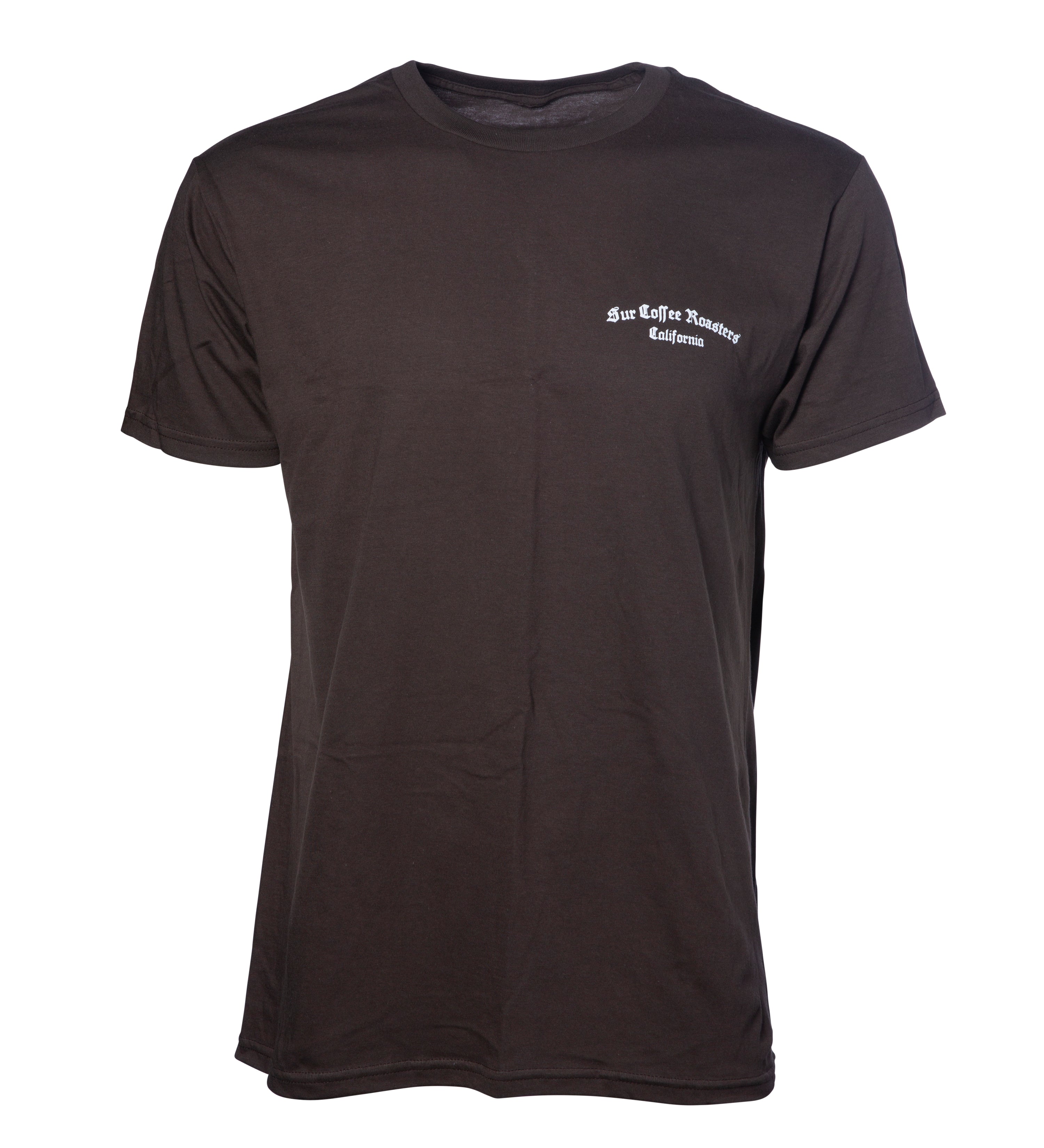 Black t-shirt with white text on a white background