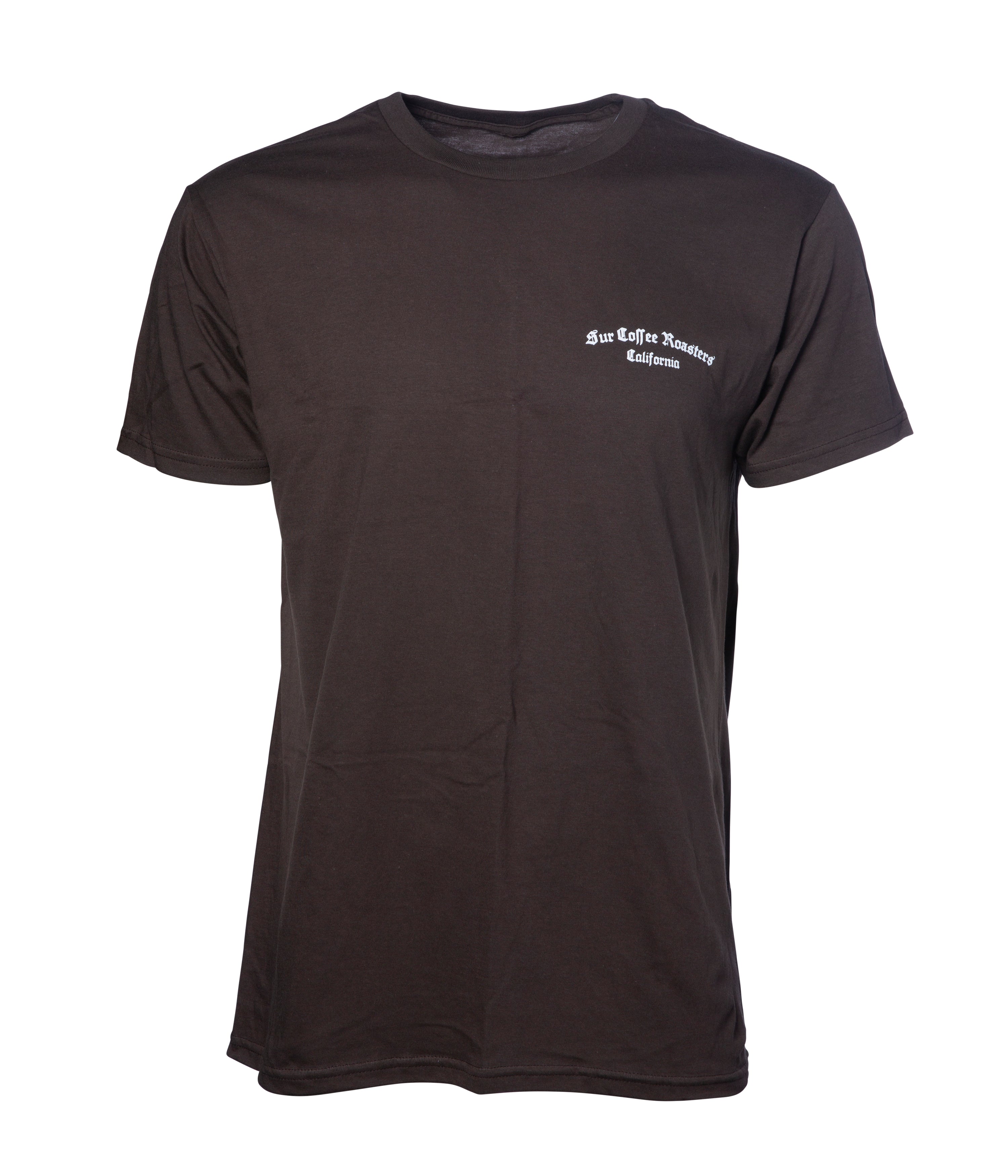 Black t-shirt with white text on a white background