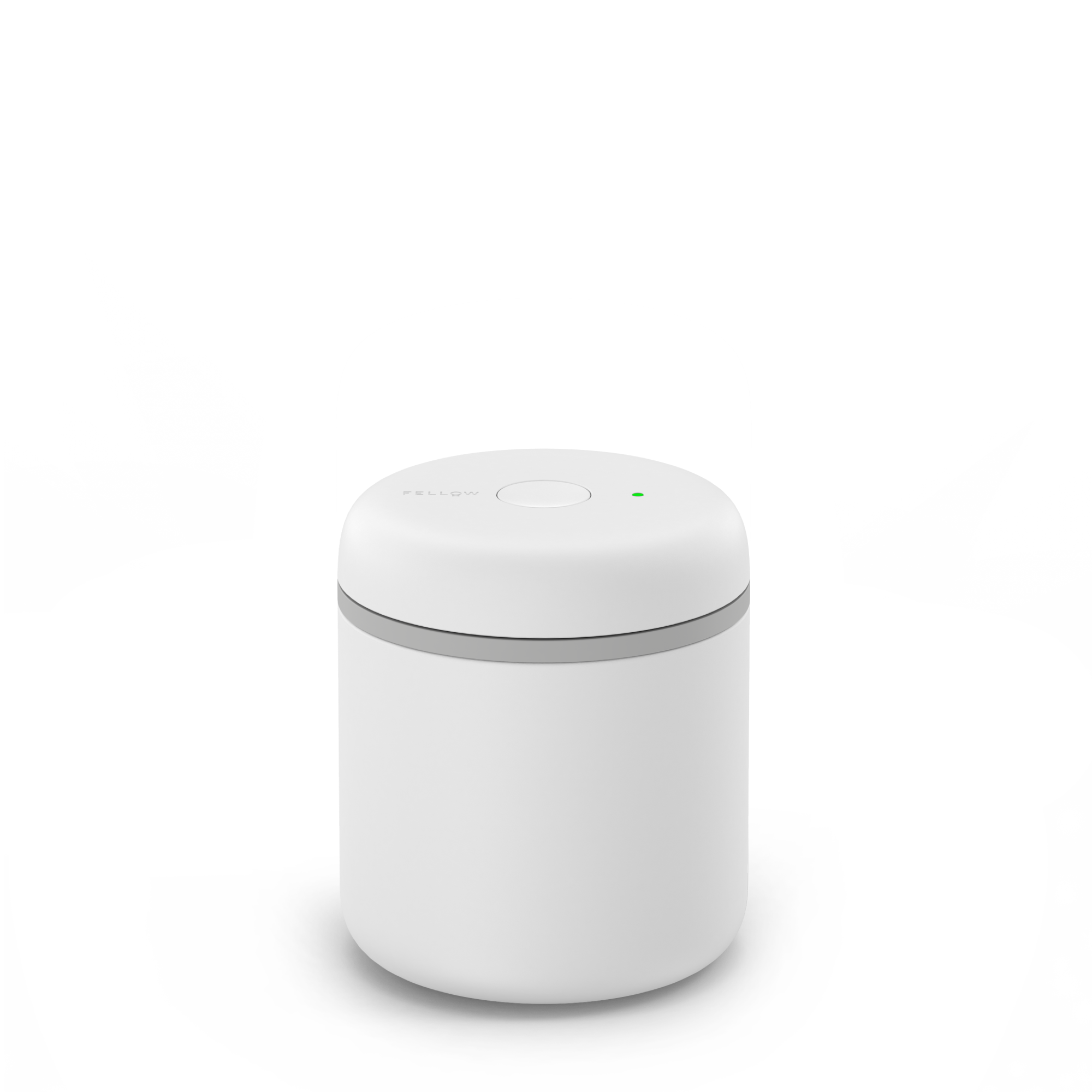 Compact white electric vacuum canister with smooth matte finish and single-button top control.