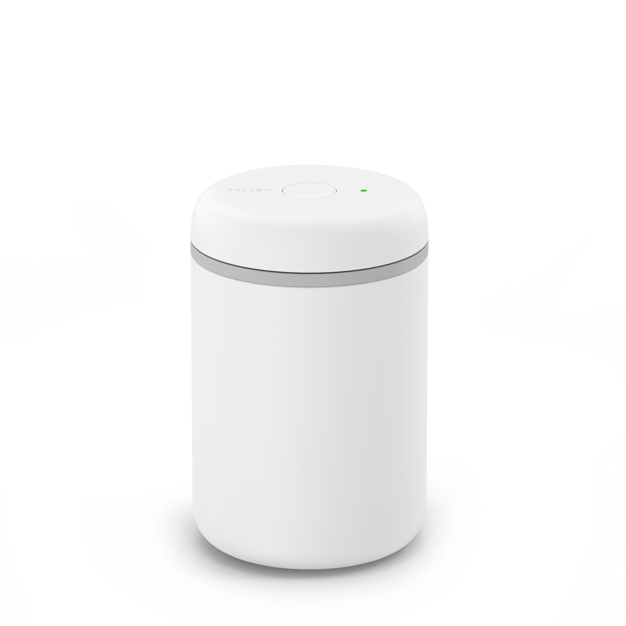 White cylindrical electric vacuum canister with smooth matte finish and gray sealing ring near the top.