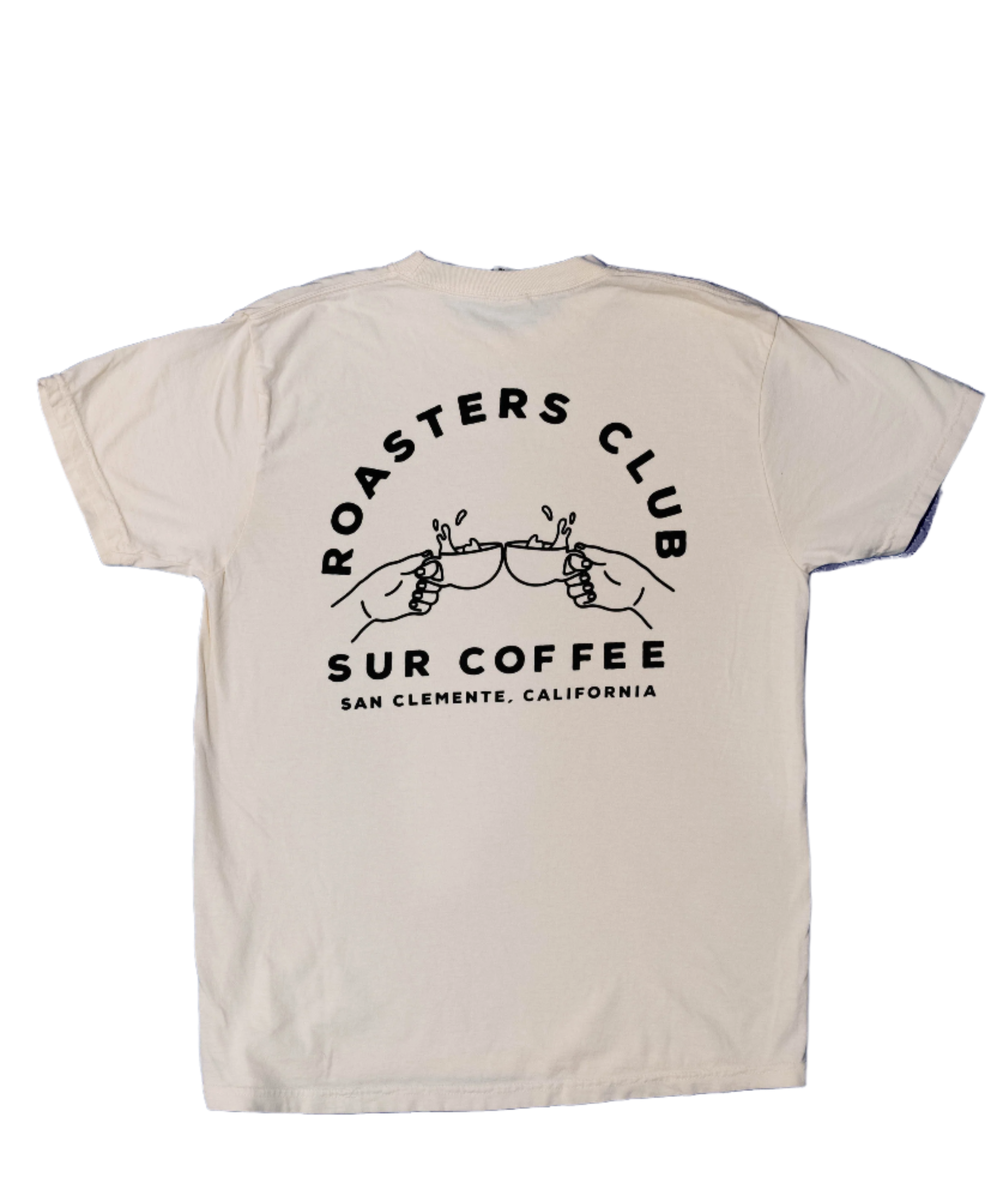 Beige short-sleeve T-shirt with black "Roasters Club Sur Coffee" graphic and mountain design on back.